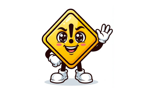 A cheerful cartoon character in the shape of a yellow rhombus-shaped road warning sign with an exclamation mark, waving its hand in a friendly manner.