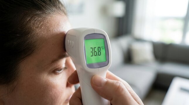 Checking Temperature: A close-up shot shows a forehead being scanned by a digital thermometer, displaying a reading of 36.8&deg;C, indicating a focus on health monitoring and well-being.