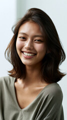 Naklejka premium mid twenties japanese woman with collarbone length lob haircut smiling naturally, smiling young japanese woman with modern lob hairstyle and natural makeup, authentic portrait of happy japanese woman 