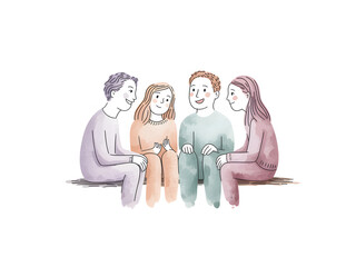 Fototapeta premium Family Sitting on Park Bench Talking Watercolor Illustration