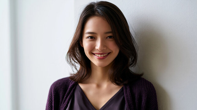 mid twenties japanese woman with collarbone length lob haircut smiling naturally, smiling young japanese woman with modern lob hairstyle and natural makeup, authentic portrait of happy japanese woman 