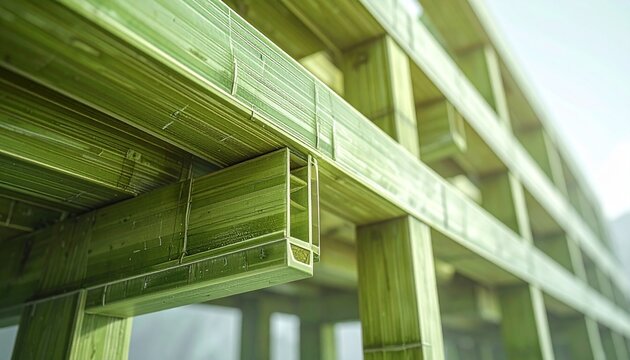 Close-up of green bamboo leaves with morning dew drops.