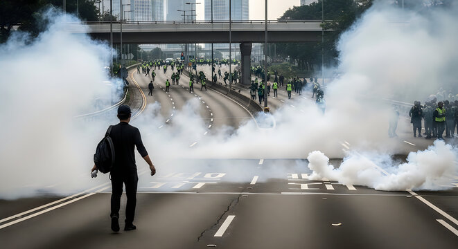 Silhouetted Person Walking Through Tear Gas Smoke on Urban Road During Protest