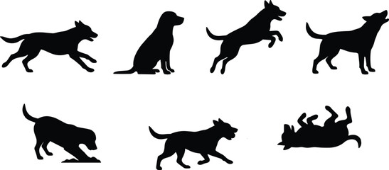 Obraz premium Dog Silhouette Vector Collection Featuring Running, Sitting, Jumping, Walking, Sniffing, and Relaxing Poses