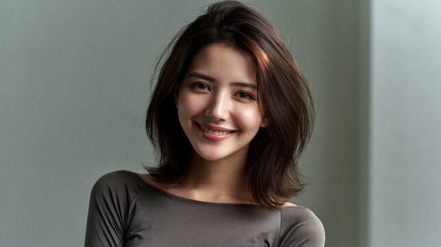 mid twenties japanese woman with collarbone length lob haircut smiling naturally, smiling young japanese woman with modern lob hairstyle and natural makeup, authentic portrait of happy japanese woman 