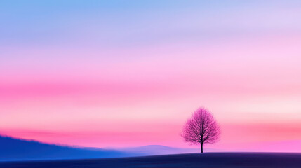 Obraz premium Solitary tree stands against vibrant sunset sky, showcasing shades of pink and blue, creating serene and ethereal atmosphere
