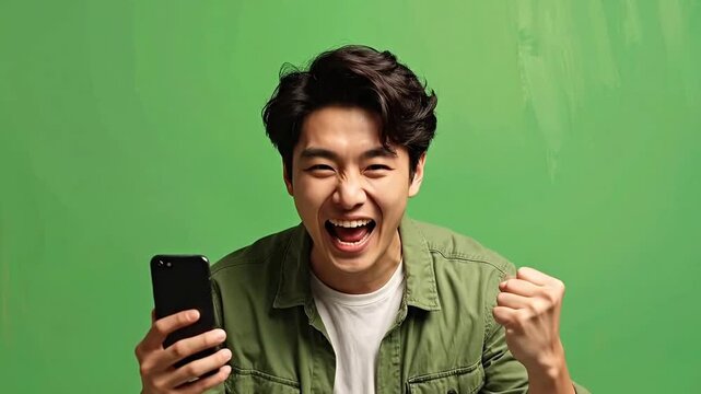A happy young man celebrates success while holding a mobile device