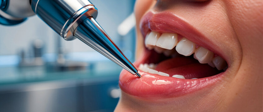 Close up of a precision laser tool applied to a woman's lips. Specialist performing a permanent makeup or lip blushing procedure. Beauty clinic concept for aesthetic medicine marketing.