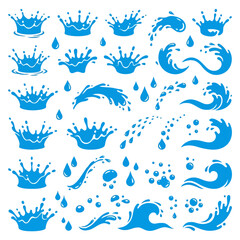 Fototapeta premium Collection of blue water splash and drop icons for graphics