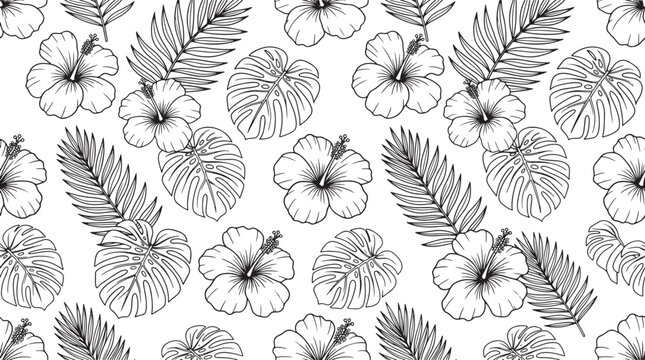 Tropical floral pattern with hibiscus flowers and palm leaves in a hand drawn sketch style for textile design
