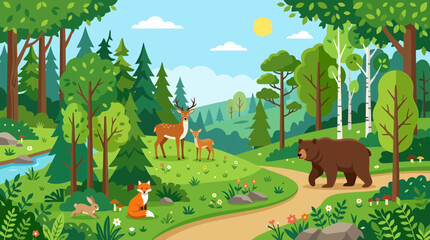 Obraz premium Wild forest landscape with cute animals in summer nature