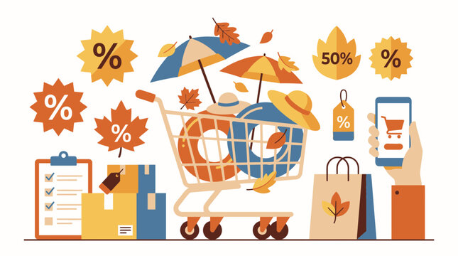 Shopping cart with autumn sale items, End of Summer Retail Clearance