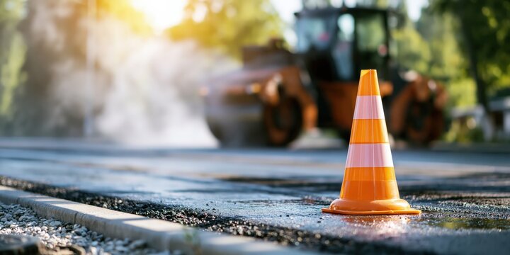Orange traffic cone with road roller compactor paving asphalt with copy space