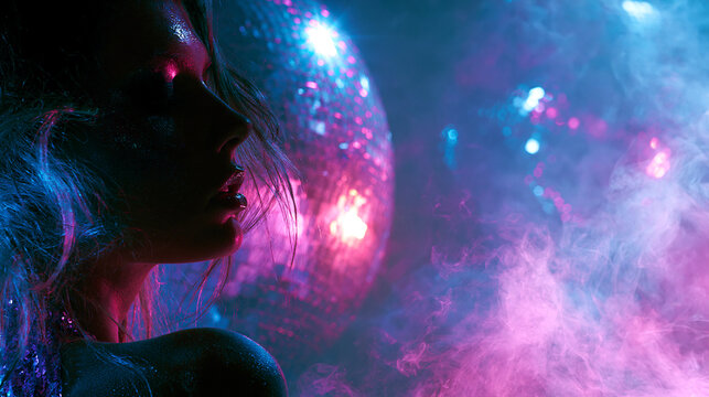 neon nightclub silhouette of beautiful woman, disco ball reflections with neon silhouette, glamorous nightlife scene with mirrorball silhouette