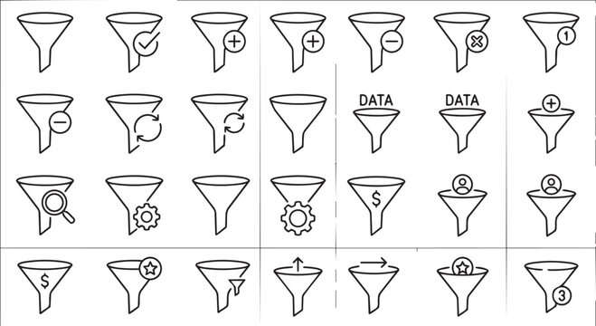 Set of line art funnel data filter icons for web and mobile UI with business management interface