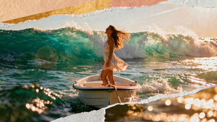 Woman standing in boat facing huge ocean wave at sunset. Artistic collage style with torn paper borders and golden flare. Freedom and adventure concept for travel marketing.