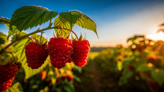 Fresh ripe raspberries hanging on a branch in a lush garden at sunset. Vibrant red berries with dew drops grow in an organic farm field. Healthy harvest concept for nutrition marketing.