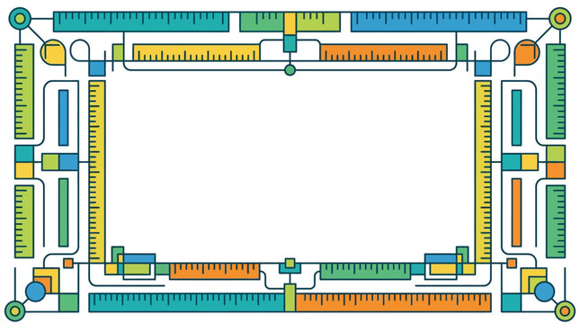 Technical flat vector page border featuring colorful rulers, measurement scales, and geometric line art motifs in a clean architectural design layout.