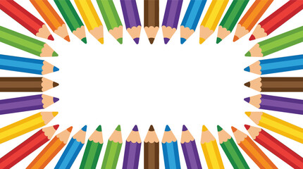 Fototapeta premium Bright flat vector rectangular frame composed of multi-colored pencils pointing inward toward a blank white center for educational or artistic copy space.
