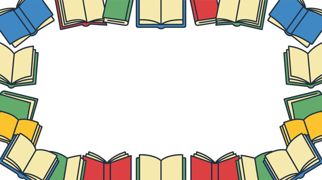 Educational flat vector border featuring colorful open books in a circular frame, ideal for back-to-school posters, library announcements, and reading events.