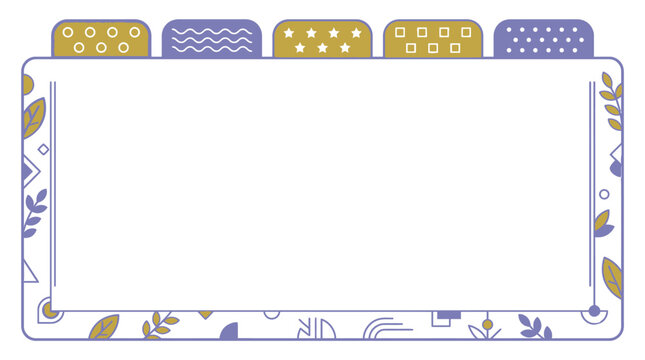 Colorful flat vector worksheet border with five decorative tabs, featuring vibrant geometric shapes and leaf patterns for school projects, planners, or flyers.