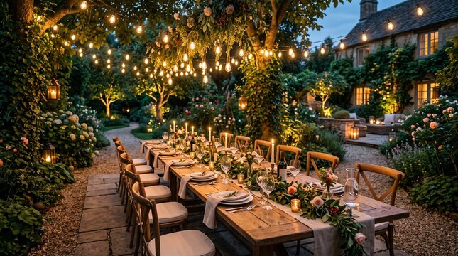 Luxury outdoor dining area in garden, long wooden table, evening gathering