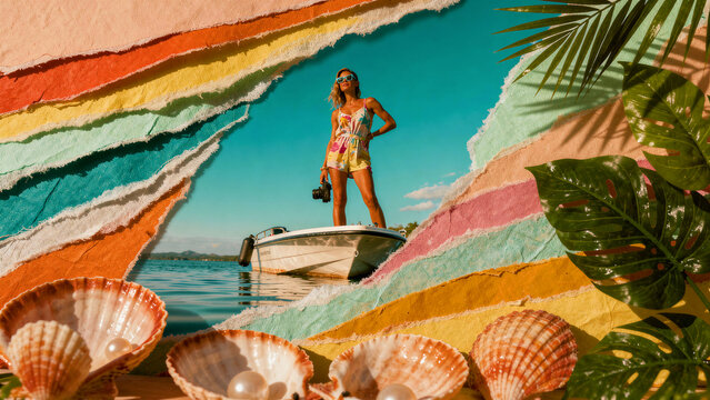 Woman on boat holding camera in tropical waters. Colorful torn paper collage with shells and leaves frames the scene. Creative summer travel concept for artistic marketing and social media.
