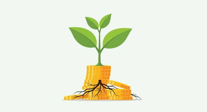 Illustration of plant growing from stack of gold coins with roots, concept of investment growth and financial prosperity