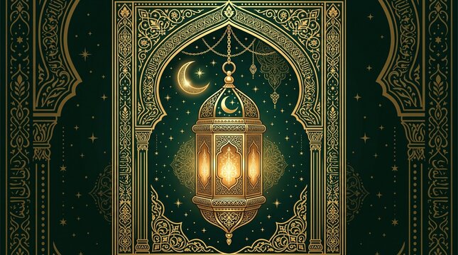 Ramadan Gold Lantern Fanoos: Islamic Greeting with Crescent Moon and Mihrab