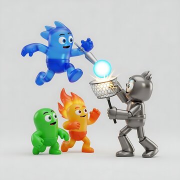 Cartoon elemental characters catching a glowing energy sphere