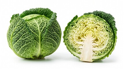 Obraz premium Fresh green savoy cabbage, one whole and one cut in half, showcasing its textured leaves and internal structure on a clean white background.