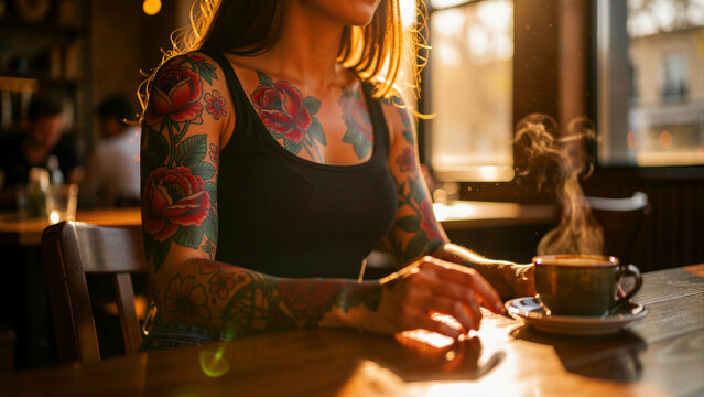 Woman with floral tattoos sitting in a cafe with steaming coffee. Modern female relaxing in warm sunlight. Lifestyle concept for alternative culture and urban fashion marketing.