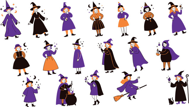 Halloween witch character collection featuring magical female spellcasters in festive costumes with flat cartoon vector illustration set