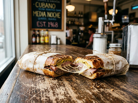 Two halves of a delicious Cuban sandwich with melted cheese, wrapped in paper, resting on a rustic wooden counter inside a cozy cafe.