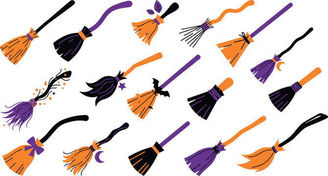 Halloween witch broom icon collection featuring magical broomsticks whimsical fantasy accessories and flat cartoon vector illustration set