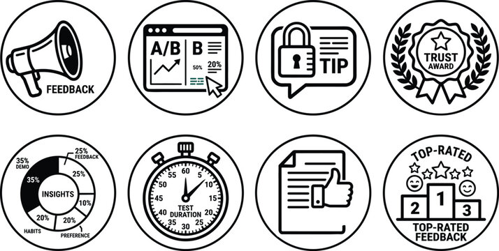 Marketing feedback and user testing line icons set with megaphone website lock award chart stopwatch document