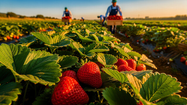 Fresh strawberries in field with farmers harvesting during sunset. Workers carrying crates of berries through rows. Agriculture concept for food production and organic market promotion.