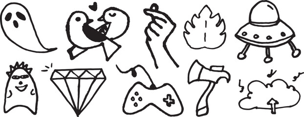 A collection of various cartoon doodle icons including ghost bird diamond and gaming controller on a transparent background for design © MorshedBD