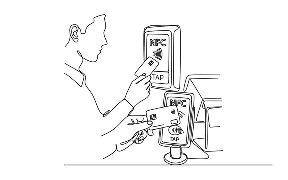 continuous single line drawing of contactless nfc credit card payment  hand holding credit card against card reader machine line art vector illustration