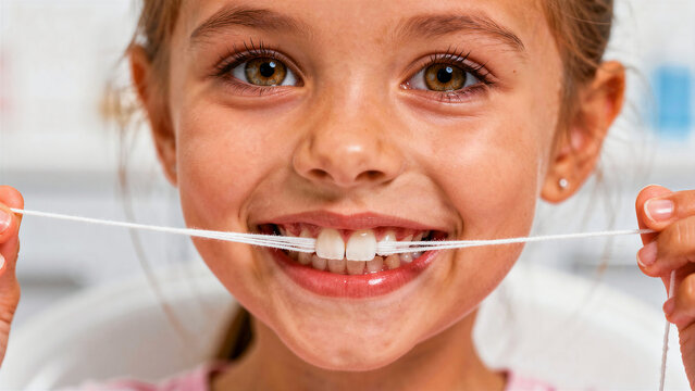 Happy little girl smiling with string tied around loose front tooth. Child preparing to pull primary tooth at home. Pediatric dental care concept for healthcare and parenting.