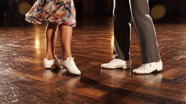 Couple dancing ballroom, close-up on feet, smooth wood floor, elegant movement