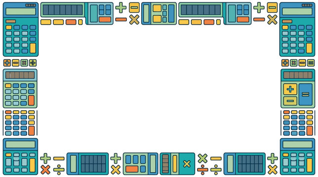 Flat vector page border featuring colorful calculators and mathematical symbols like plus, minus, and divide, perfect for educational and financial design.