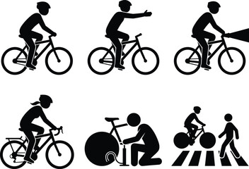 Obraz premium Cycling Activity Silhouette Collection with Cyclists Hand Signals Bicycle Repair and Road Safety Vector Set