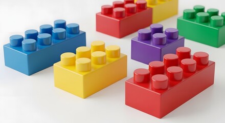 Obraz premium A collection of colorful plastic building blocks arranged on a white surface