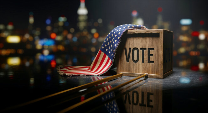 Wooden ballot box with VOTE engraving and American flag. Stars and stripes draped over a rustic box against a bokeh city night background. Democracy concept for political campaigns and voting duty.