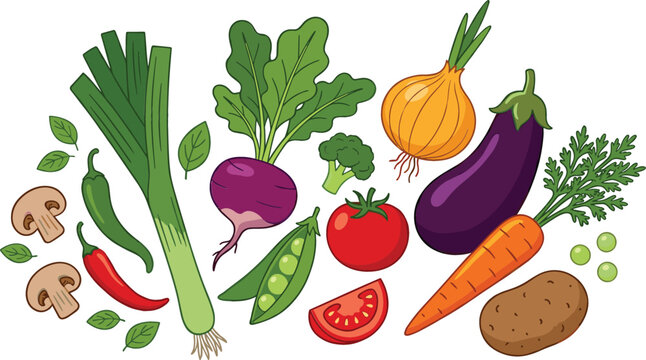 Fresh organic vegetables collection featuring leek eggplant tomato carrot onion radish peas mushroom potato and chili pepper isolated on white background vector illustration