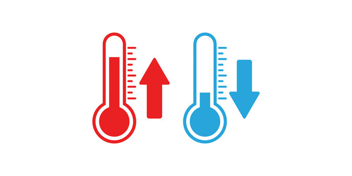 Hot and cold thermometer symbols with temperature increase and decrease arrows isolated on transparent background