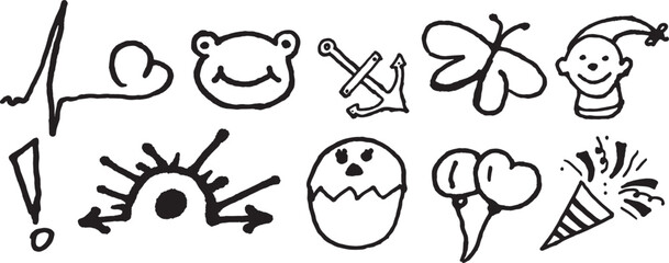 Fototapeta premium Collection of playful handdrawn black and white graphic icons and symbols isolated on a transparent background for creative design use