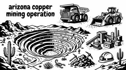 Obraz premium large open pit copper mine in arizona with heavy industrial excavation terraces mining roads equipment zones and rugged desert surroundings creating a productive resource industry vector