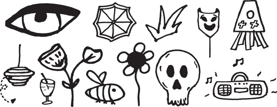 Collection of various doodle icons including eye umbrella bird rocket mask skull flower bee and music symbols isolated on transparent background